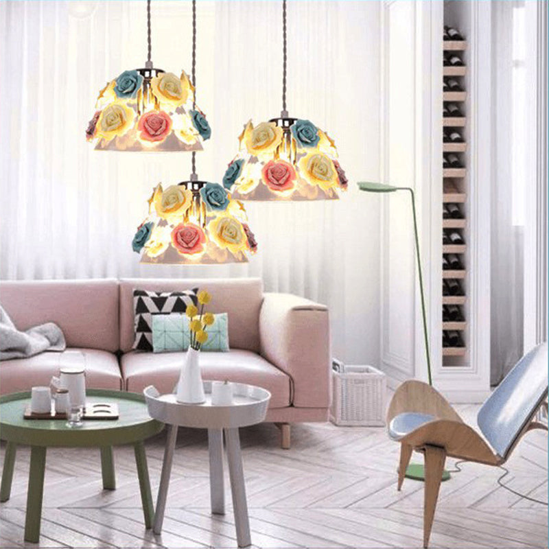 Modern Cone Pendant Ceiling Light, Clear Glass, 1 Head, Living Room Hanging Lamp with Blue-Pink-Yellow Flower Ceramic Design