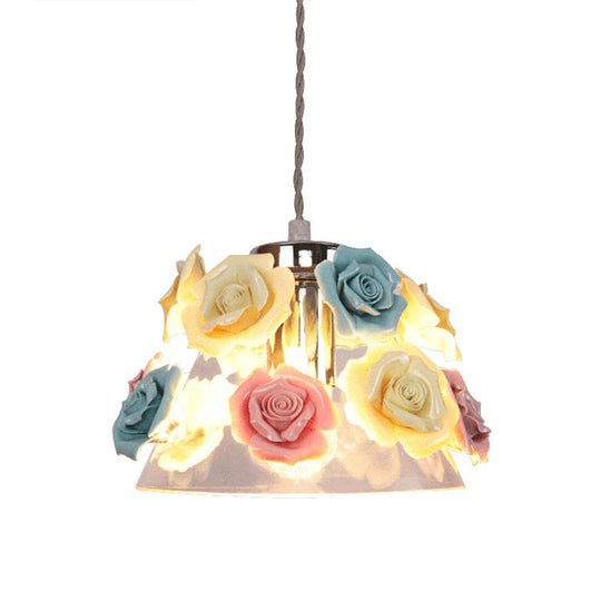 Stylish Clear Glass Cone Pendant Ceiling Light With Ceramic Flower Design