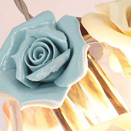 Stylish Clear Glass Cone Pendant Ceiling Light With Ceramic Flower Design