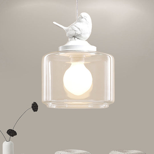 Clear Glass Drum Pendant Light Fixture with Contemporary Design, Single Head - Ideal for Restaurant Decor with Bird Decoration