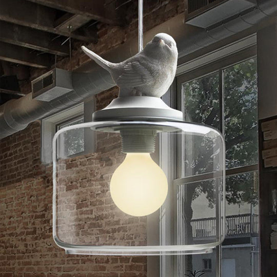 Clear Glass Drum Pendant Light Fixture with Contemporary Design, Single Head - Ideal for Restaurant Decor with Bird Decoration