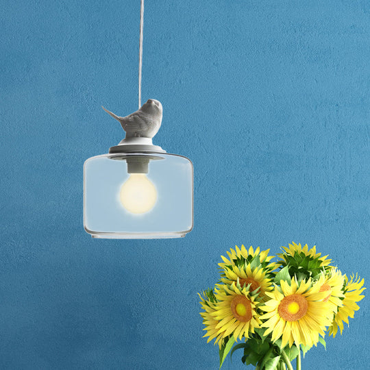 Clear Glass Drum Pendant Light Fixture with Contemporary Design, Single Head - Ideal for Restaurant Decor with Bird Decoration