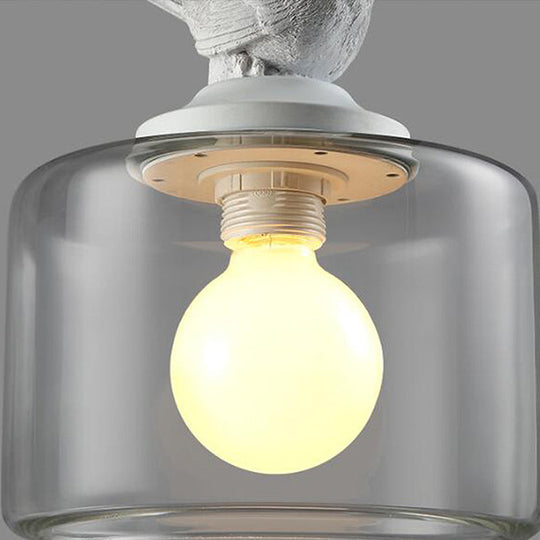 Contemporary Clear Glass Drum Pendant Light With Bird Decoration For Restaurants