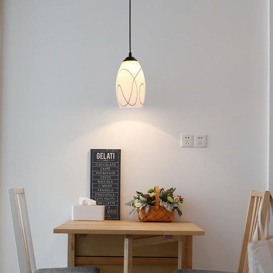 Modern White Glass Tulip Pendant Lamp - 1 Head Black Ceiling Light For Dining Room
