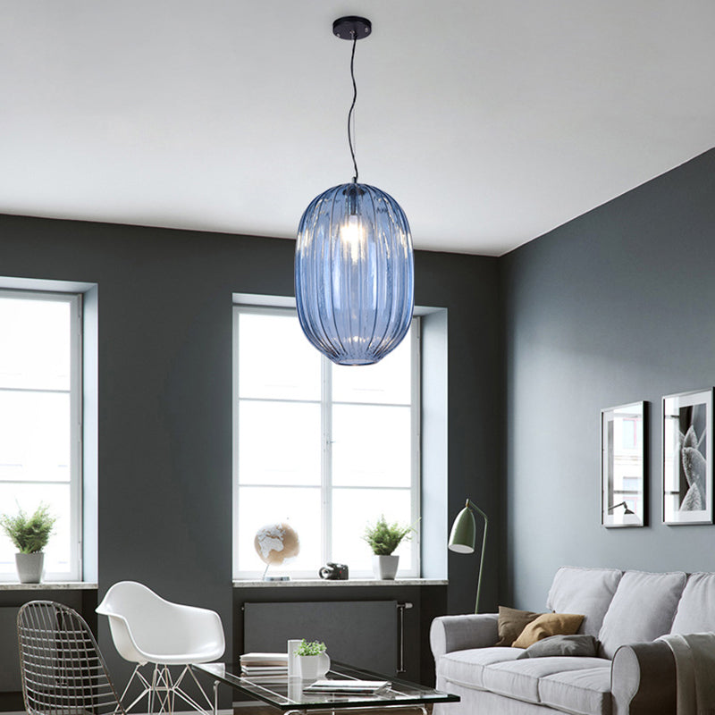 Vintage Blue Glass Lantern Pendant Light Fixture - 1 Head Suspension For Living Room