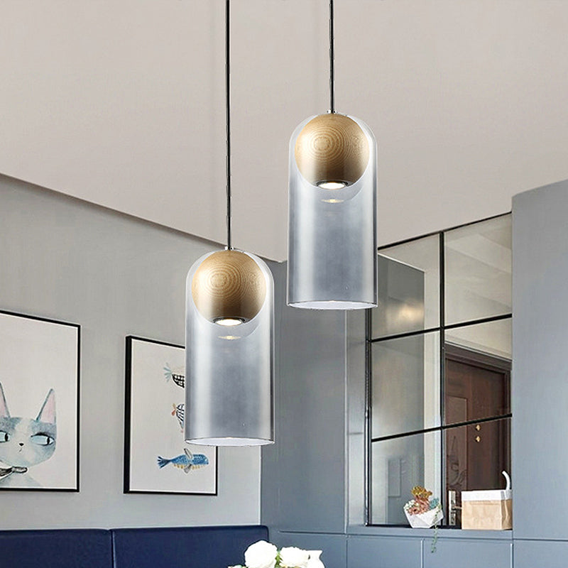 Modern Smoke Gray Glass Cylinder Pendant Light Fixture with Wood Globe Shade - Ideal for Dining Room