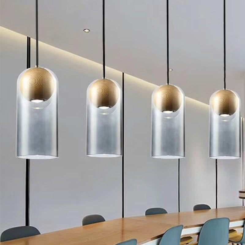 Modern Smoke Gray Glass Cylinder Pendant Light Fixture With Globe Wood Shade - Perfect For Dining