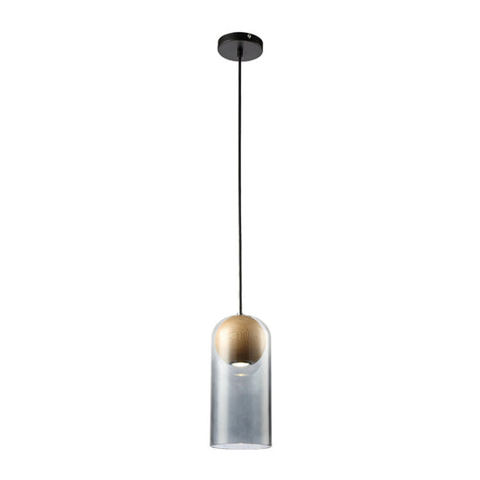 Modern Smoke Gray Glass Cylinder Pendant Light Fixture with Wood Globe Shade - Ideal for Dining Room