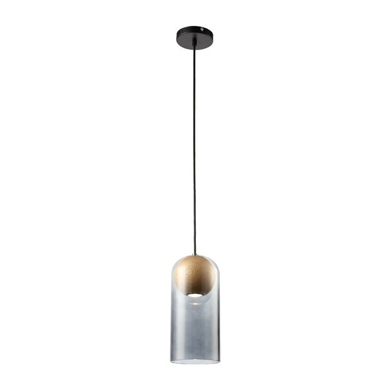 Modern Smoke Gray Glass Cylinder Pendant Light Fixture With Globe Wood Shade - Perfect For Dining