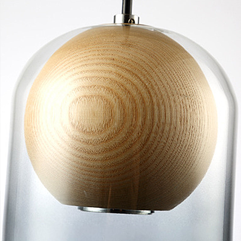 Modern Smoke Gray Glass Cylinder Pendant Light Fixture With Globe Wood Shade - Perfect For Dining