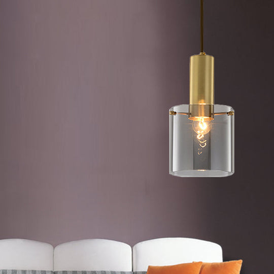 Modern Clear Glass Cylinder Pendant Light With Brass Finish | Ideal For Dining Room Ceiling