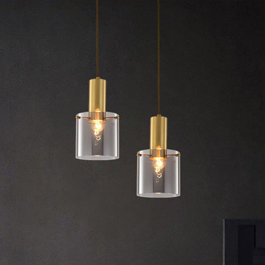 Modern Clear Glass Cylinder Pendant Light - 1 Head Brass Hanging Ceiling Light for Dining Room