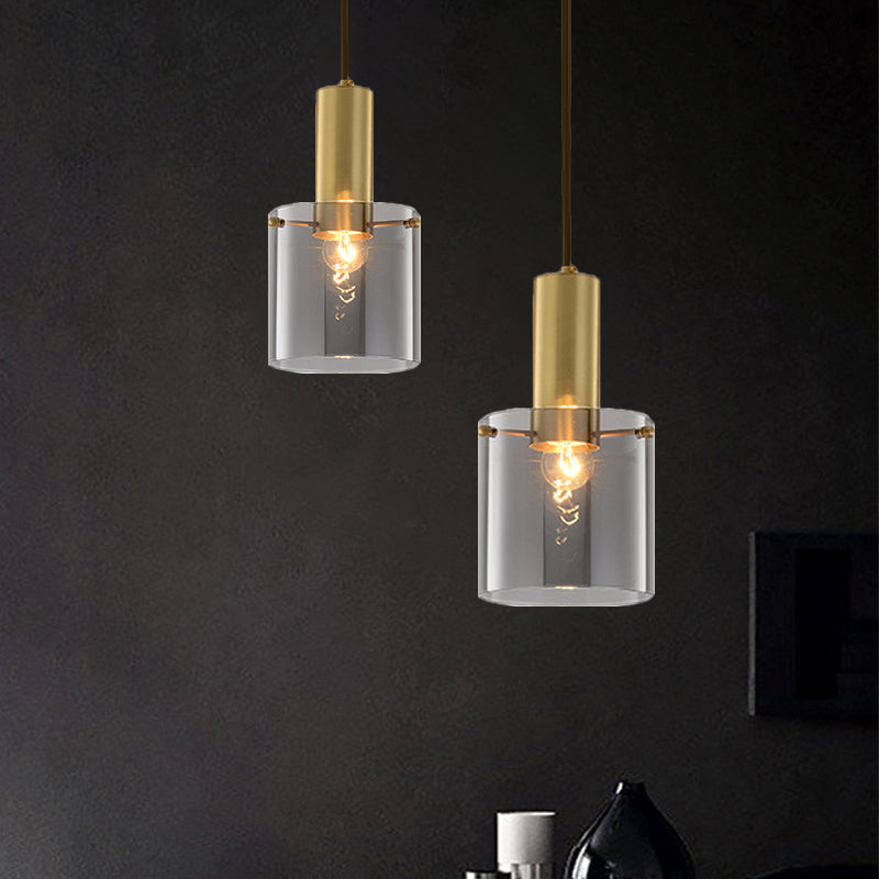 Modern Clear Glass Cylinder Pendant Light With Brass Finish | Ideal For Dining Room Ceiling