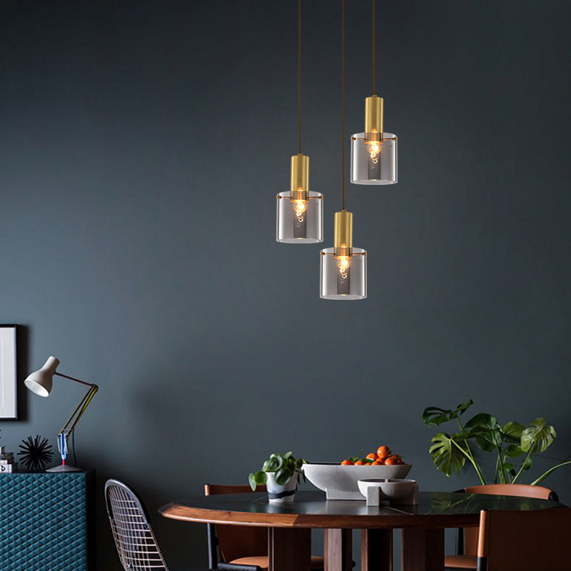 Modern Clear Glass Cylinder Pendant Light - 1 Head Brass Hanging Ceiling Light for Dining Room