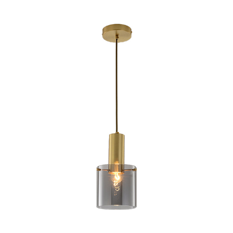 Modern Clear Glass Cylinder Pendant Light - 1 Head Brass Hanging Ceiling Light for Dining Room