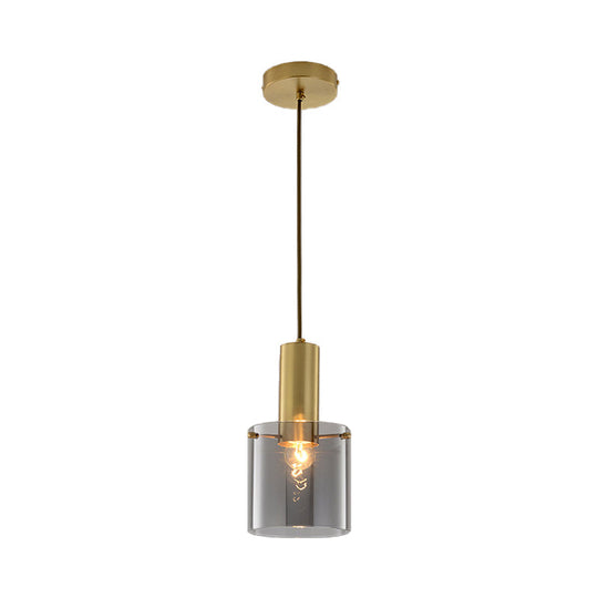Modern Clear Glass Cylinder Pendant Light With Brass Finish | Ideal For Dining Room Ceiling