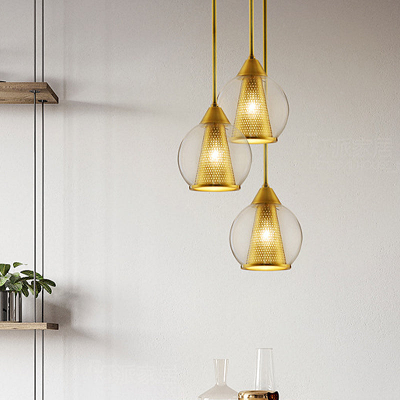 Modern Smoke Gray Glass Sphere Pendant Light With Gold Metal Shade - Perfect For Dining Room