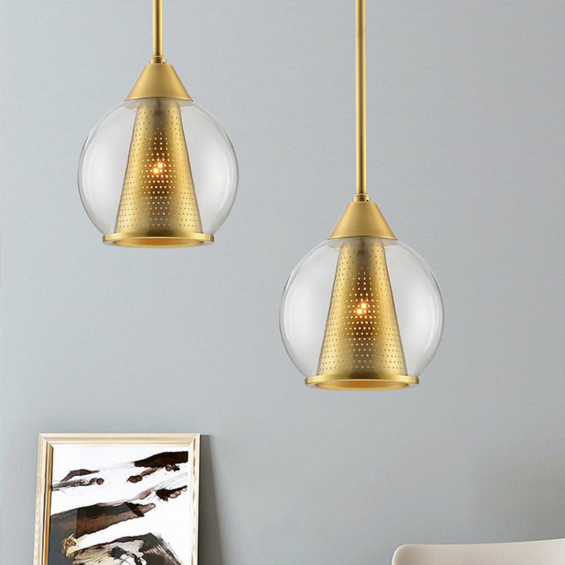 Modern Smoke Gray Glass Sphere Pendant Light With Gold Metal Shade - Perfect For Dining Room