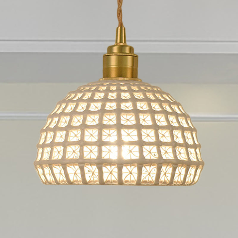 Vintage Ceramic Dome Suspension Lamp with Hollow Out Design, Blue/Pink 1-Light Hanging Fixture