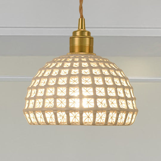 Vintage Ceramic Dome Suspension Lamp with Hollow Out Design, Blue/Pink 1-Light Hanging Fixture