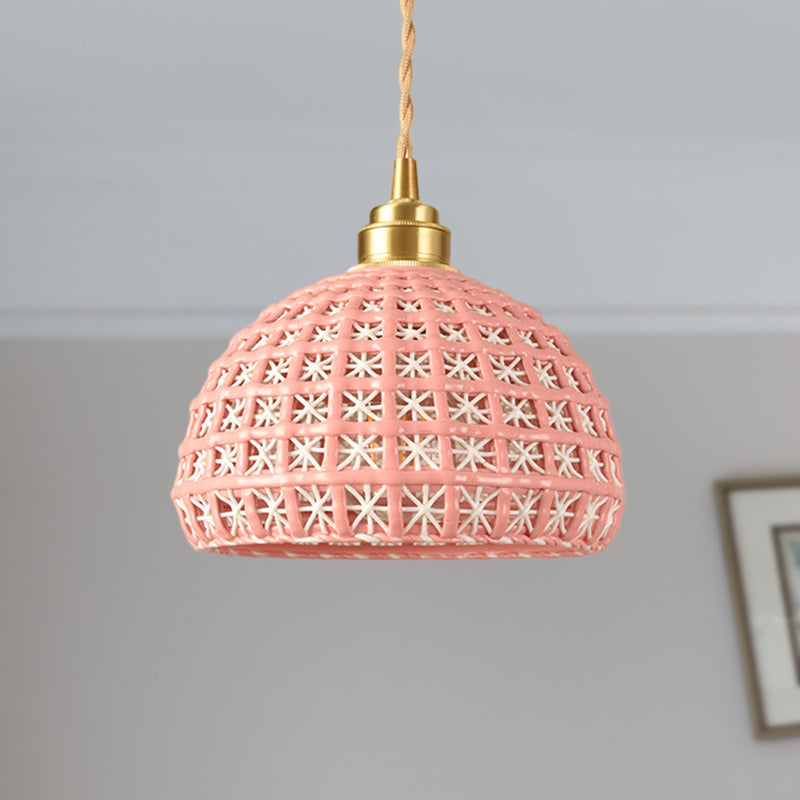 Vintage Ceramic Dome Suspension Lamp with Hollow Out Design, Blue/Pink 1-Light Hanging Fixture