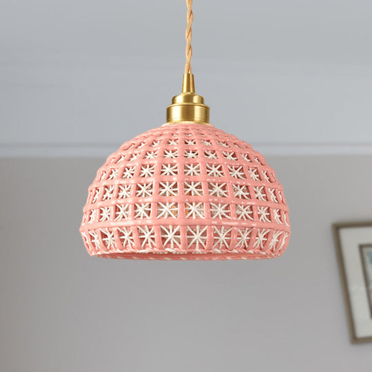 Vintage Ceramic Dome Suspension Lamp with Hollow Out Design, Blue/Pink 1-Light Hanging Fixture