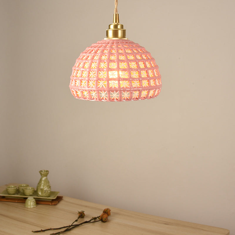 Vintage Ceramic Dome Suspension Lamp with Hollow Out Design, Blue/Pink 1-Light Hanging Fixture