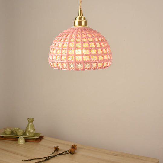 Vintage Ceramic Dome Suspension Lamp with Hollow Out Design, Blue/Pink 1-Light Hanging Fixture
