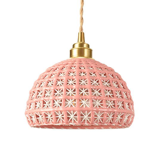 Vintage Ceramic Dome Suspension Lamp with Hollow Out Design, Blue/Pink 1-Light Hanging Fixture