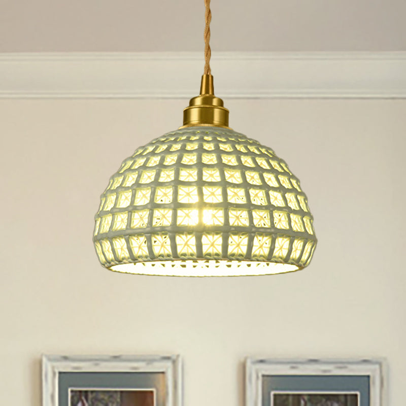 Vintage Ceramic Dome Suspension Lamp with Hollow Out Design, Blue/Pink 1-Light Hanging Fixture
