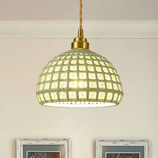 Vintage Ceramic Dome Suspension Lamp with Hollow Out Design, Blue/Pink 1-Light Hanging Fixture