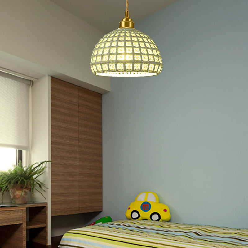 Vintage Ceramic Dome Suspension Lamp with Hollow Out Design, Blue/Pink 1-Light Hanging Fixture