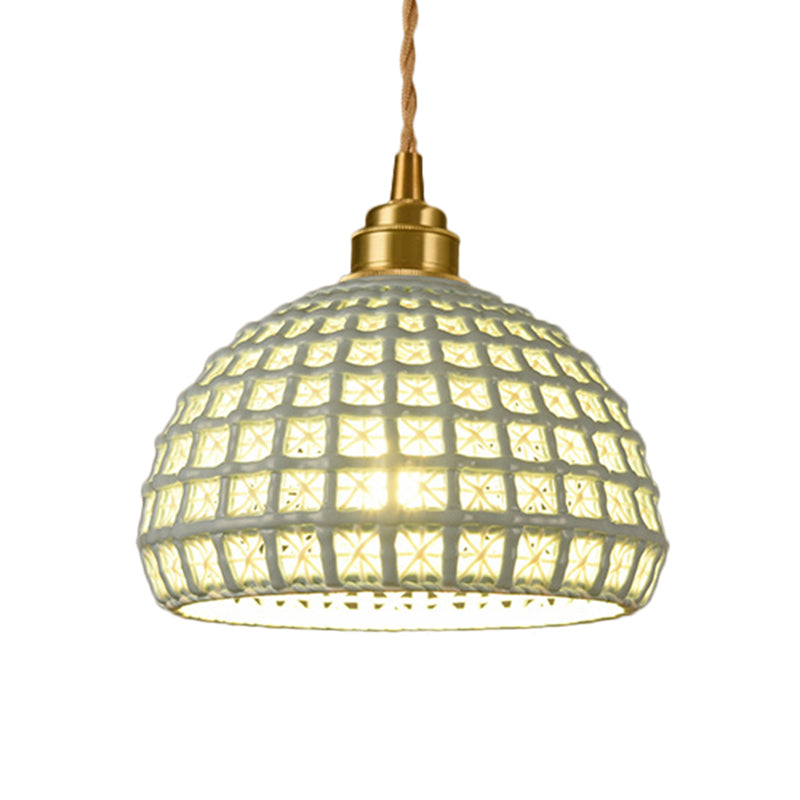 Vintage Ceramic Dome Suspension Lamp with Hollow Out Design, Blue/Pink 1-Light Hanging Fixture