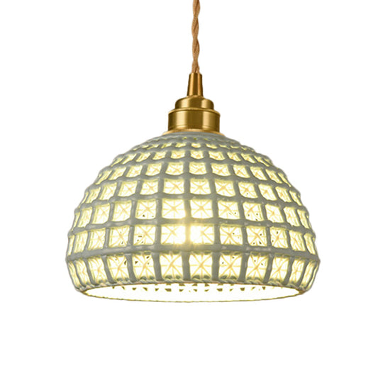 Vintage Ceramic Dome Suspension Lamp with Hollow Out Design, Blue/Pink 1-Light Hanging Fixture
