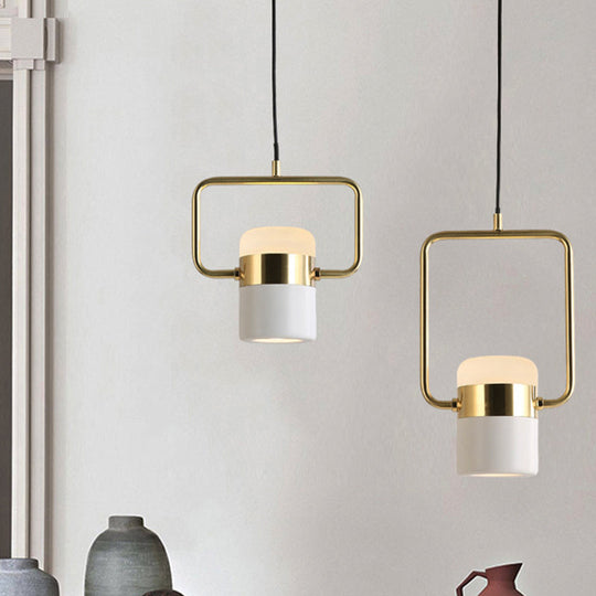 Modern Gold Square Frame Pendant Ceiling Light with White Glass Shade