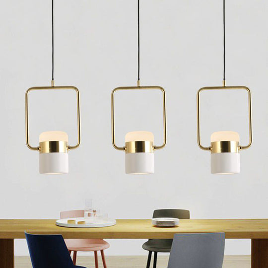 Modern Gold Square Frame Pendant Ceiling Light with White Glass Shade