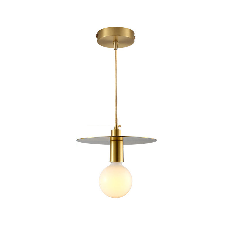 Postmodern White Glass Globe Pendant Light With Gold Metal Disc Shade - Bedroom Hanging Lamp Kit