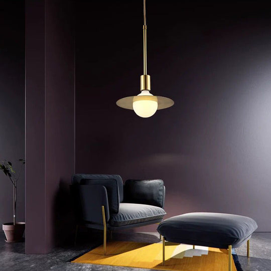 Modern White Glass Pendant Lamp with Gold Disc Shade - Hanging Light Kit
