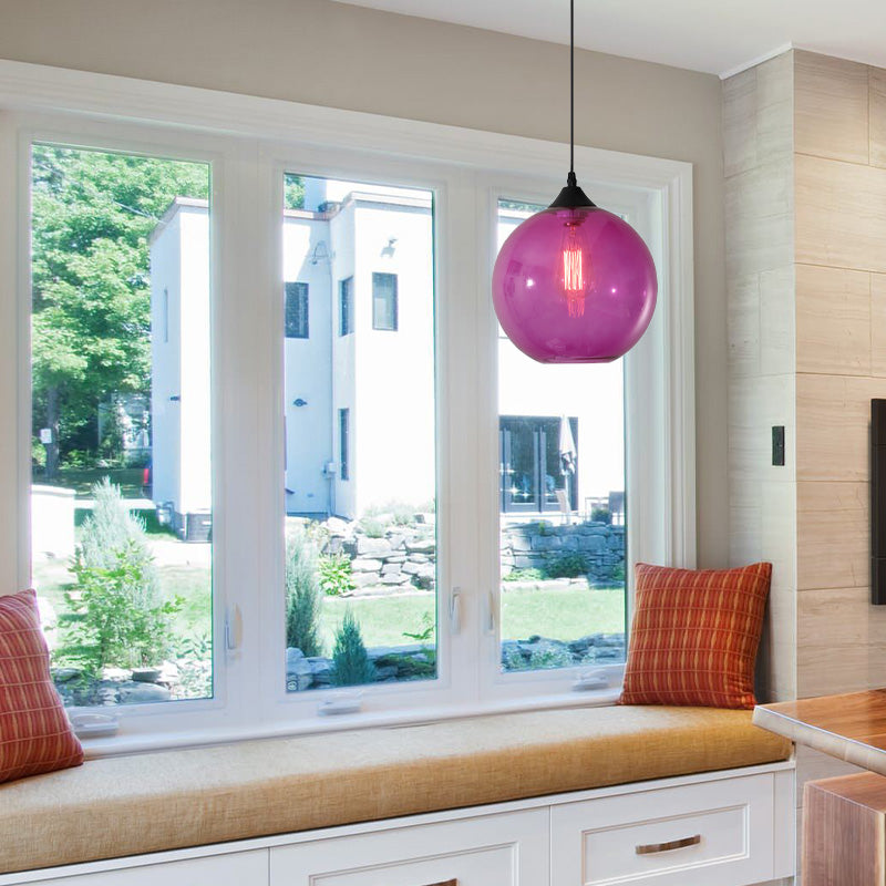 Dining Room Globe Pendant Ceiling Light - Macaron Glass, Clear/Coffee/Red, 1 Head Hanging Lamp