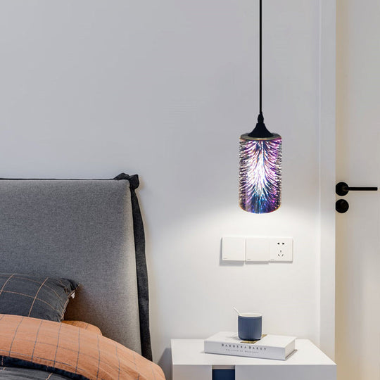 Modern 3D Colorful Glass Pendant Light With Black Cylinder Design - 1 Head Hanging Lamp Kit