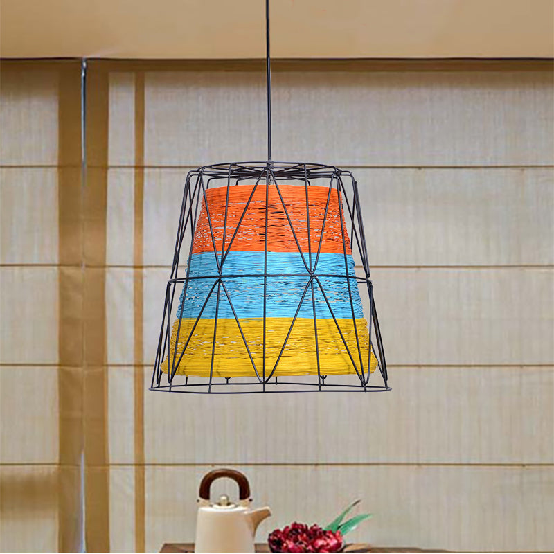 Rustic Lodge Style Ceiling Light: Bucket Pendant Lamp Metallic & Rope 1 Light