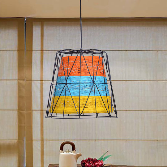 Rustic Lodge Style Ceiling Light: Bucket Pendant Lamp Metallic & Rope 1 Light