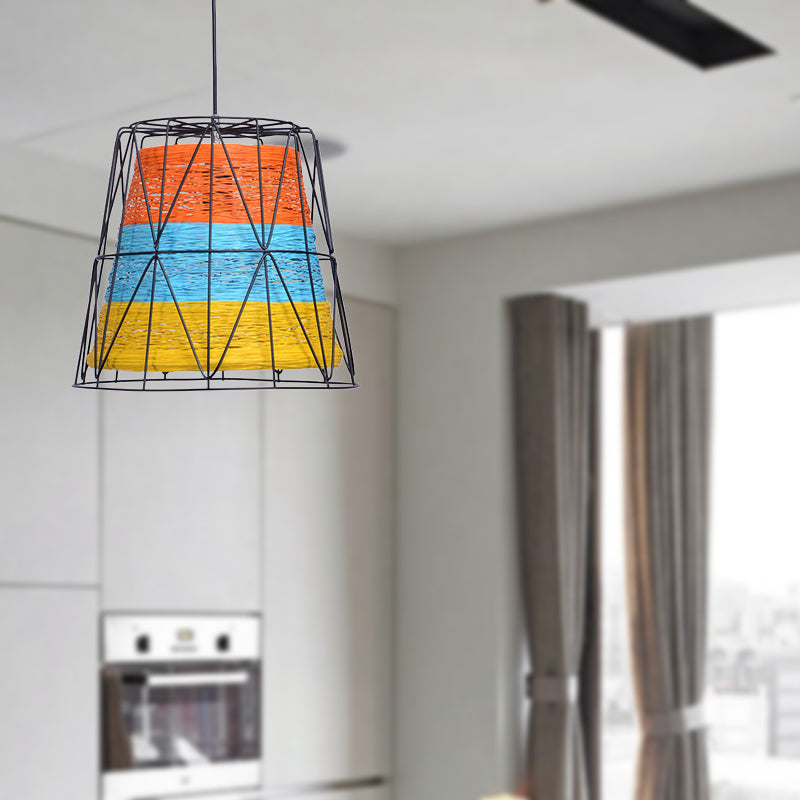 Lodge Style Metallic and Rope 1-Light Bucket Pendant Lamp - White/Blue/Orange/Yellow