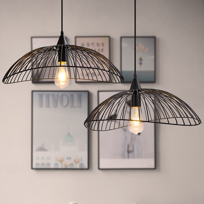 Industrial Style 1-Head Caged Ceiling Light With Waveform Design - Black 8/19.5Dia