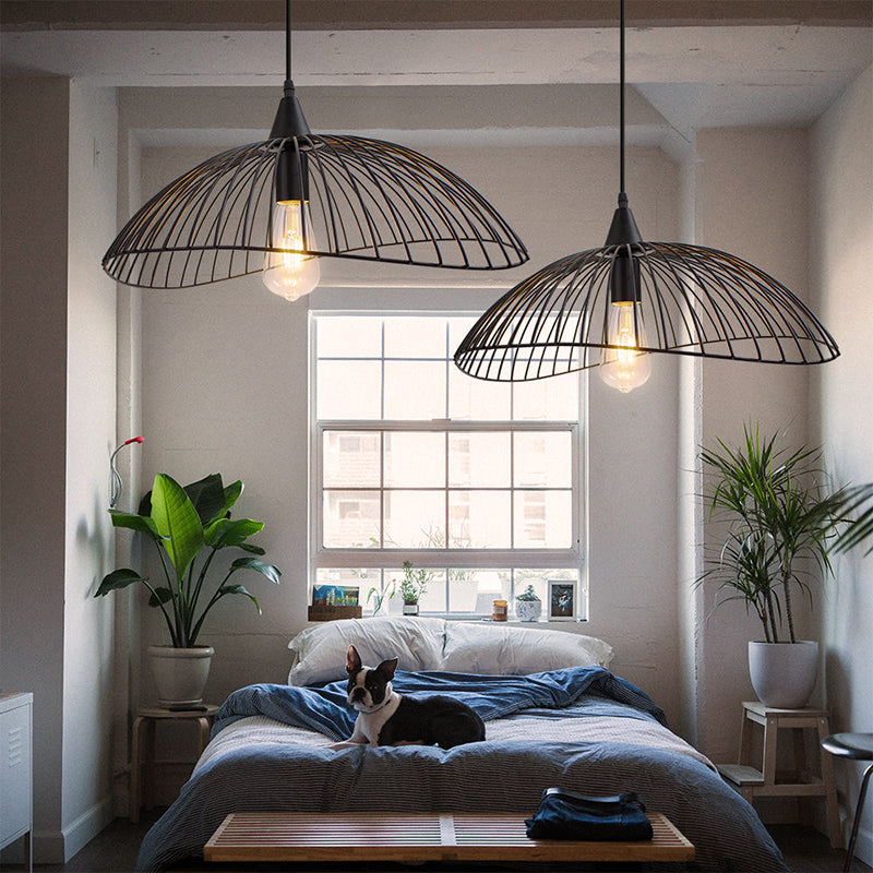 Industrial Style 1-Head Caged Ceiling Light With Waveform Design - Black 8/19.5Dia