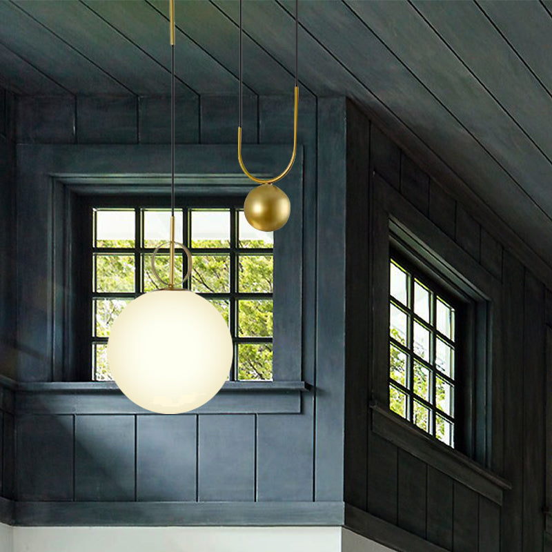 Modern White Glass Sphere Pendant Light With Gold Accents - Bedroom Hanging Fixture
