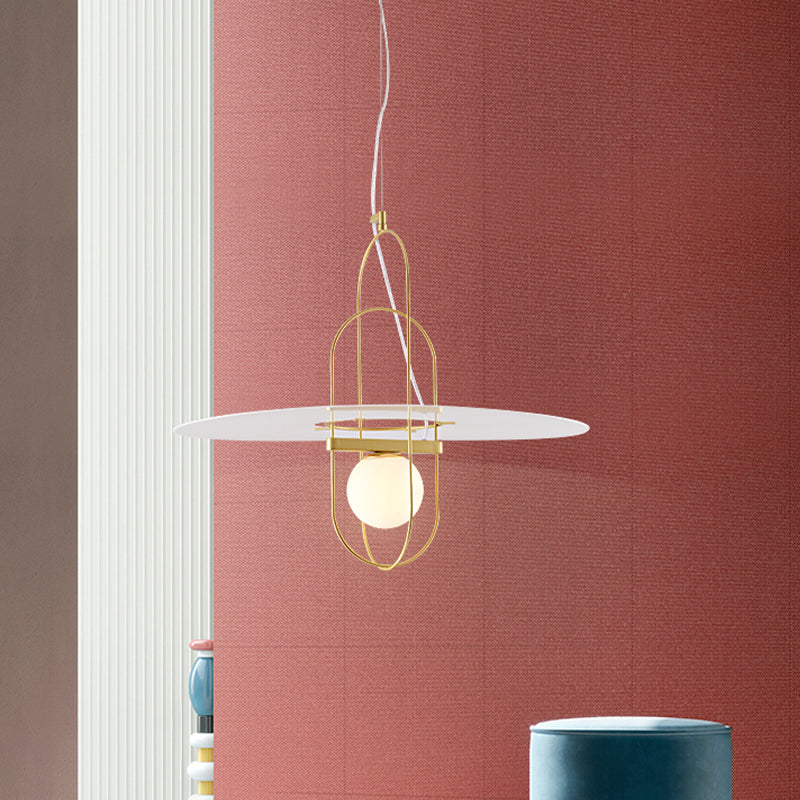 Contemporary Brass Pendant Light Fixture - Oval Frame, 1 Head, Suspended Metal with Glass Shade