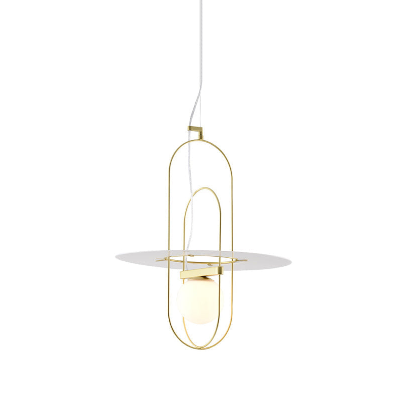Contemporary Brass Pendant Light Fixture - Oval Frame, 1 Head, Suspended Metal with Glass Shade