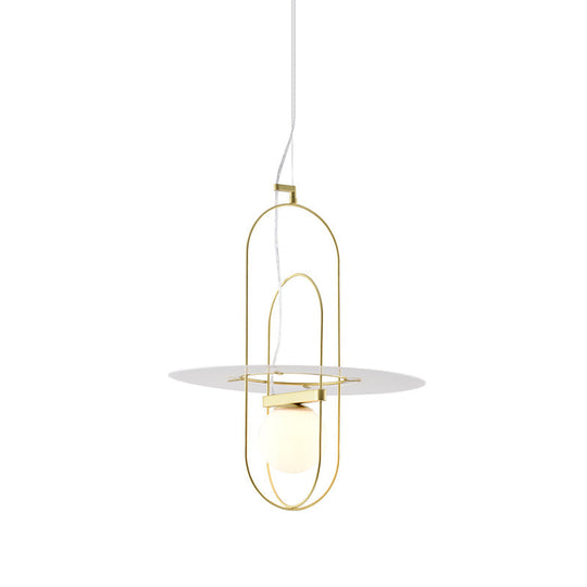 Contemporary Brass Pendant Light Fixture - Oval Frame, 1 Head, Suspended Metal with Glass Shade