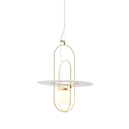 Contemporary Brass Oval Frame Pendant Light With Glass Shade - Metal Suspension Fixture 1 Head